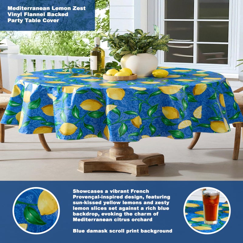 Newbridge Oval Vinyl Tablecloth, 60 x 84 Inch, Mediterranean Zest Vinyl Flannel Backed Table Cloth, Lemon Print - Image 2